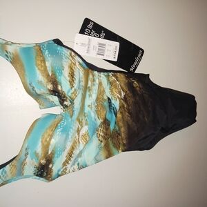 Miraclesuit Blue and Gold One Piece Swimsuit with Abstract Design